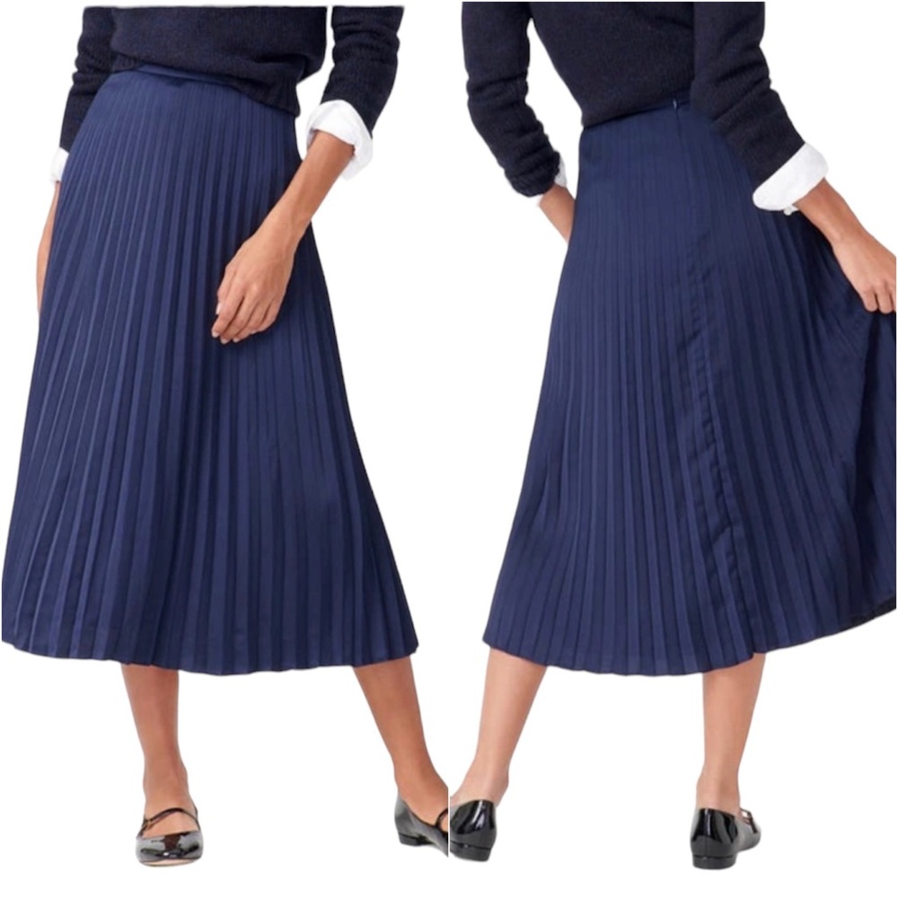 J. Crew Navy Blue Wendy AR462 Pleated Satin Midi Skirt 2